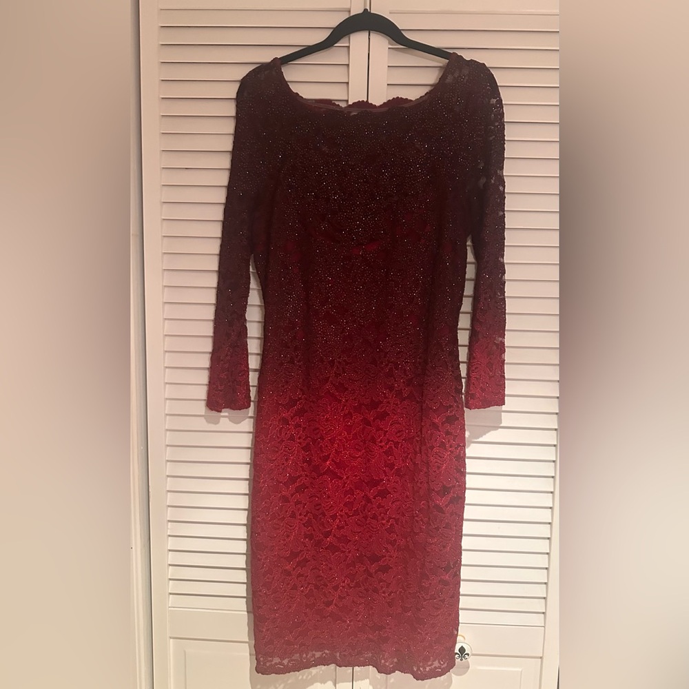 Ombré red Long Sleeve Lace Dress. Knee length, sparkle,Scallop neckline. Size 12